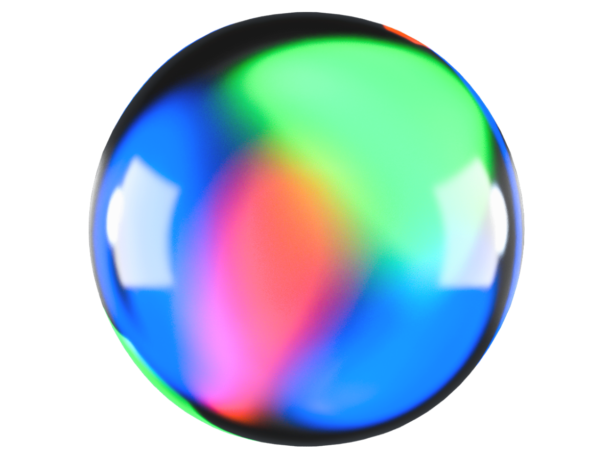 Glossy spherical orb with vibrant rainbow gradient colors transitioning from blue to green, pink, and orange with reflective highlights