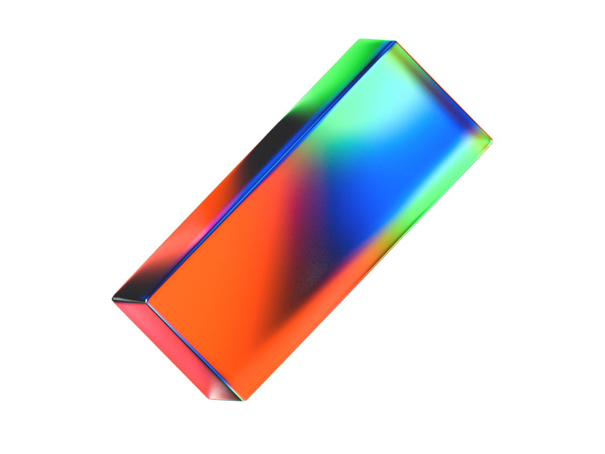 Colorful 3D rectangular prism with gradient transitions from red and orange to blue and green across its tilted surfaces