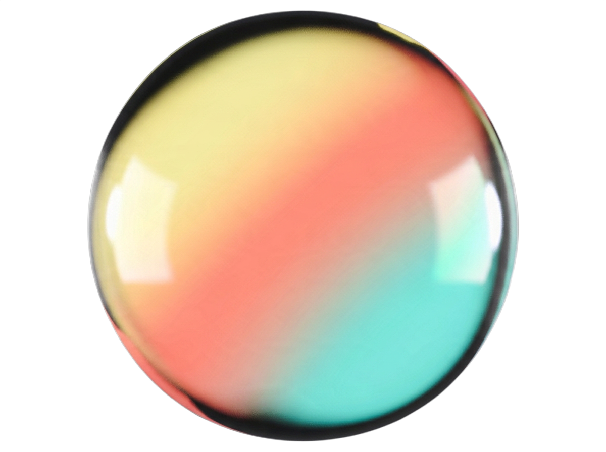 Glossy glass sphere with gradient colors transitioning from pale yellow and peach at the top to coral red and turquoise at the bottom, featuring reflective highlights