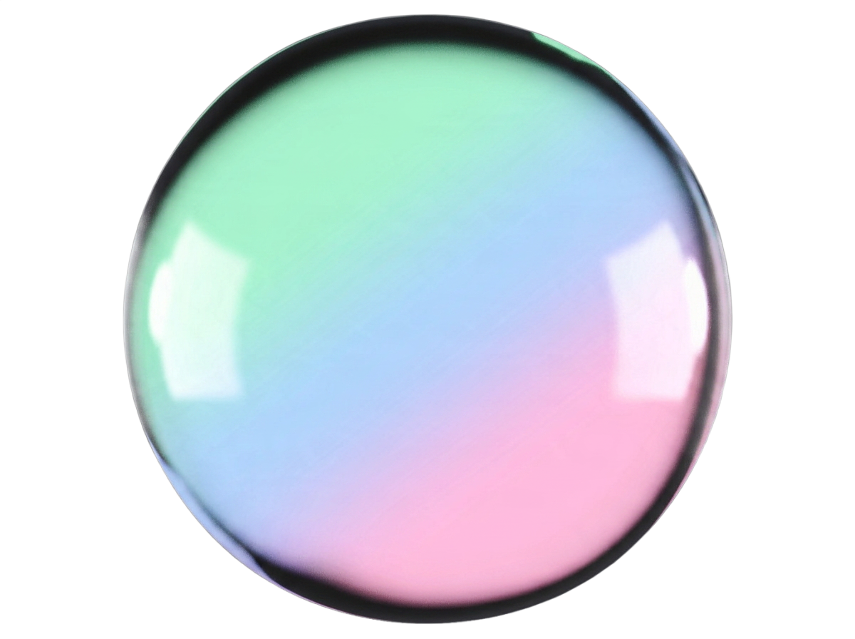 Glossy glass sphere with gradient colors transitioning from mint green and cyan at the top to pink and lavender at the bottom, featuring reflective highlights