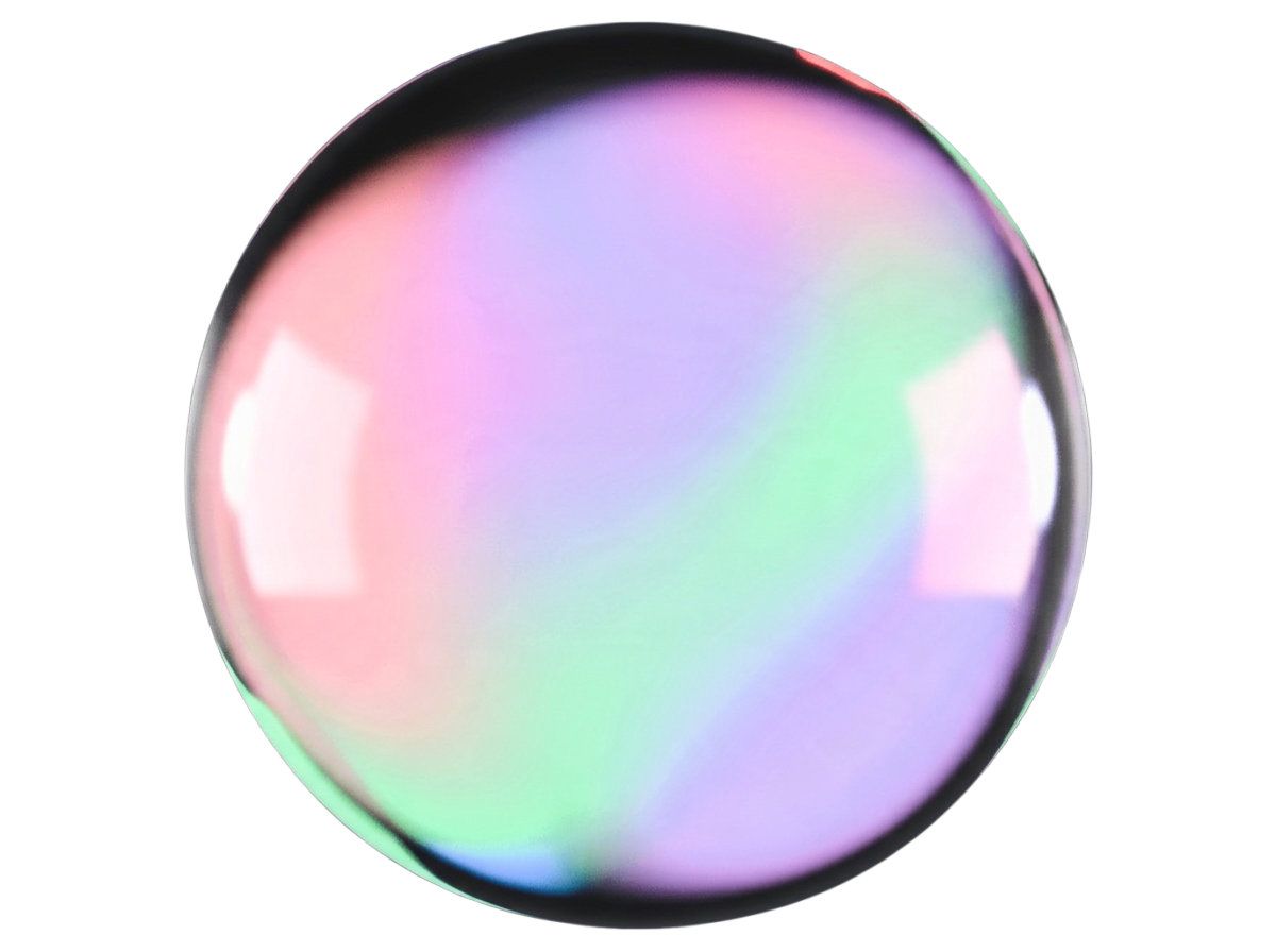 Glossy glass sphere with iridescent pastel gradient, blending pink, purple, blue, and mint green with reflective highlights