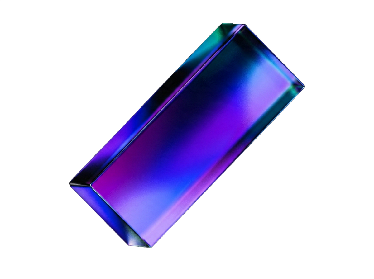Glossy glass block with gradient holographic finish transitioning from purple, blue, and teal against white background
