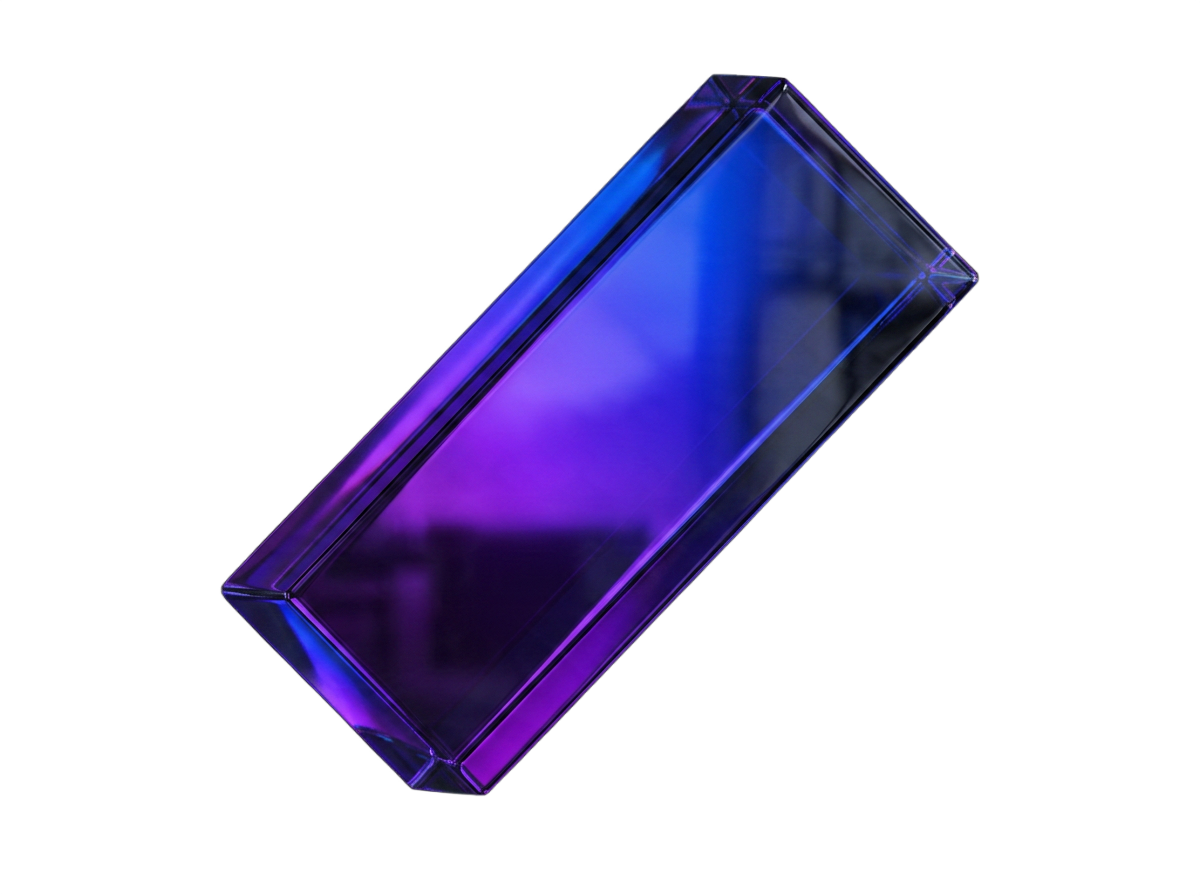 Glossy translucent glass block with purple and blue gradient coloring, tilted at an angle against a white background